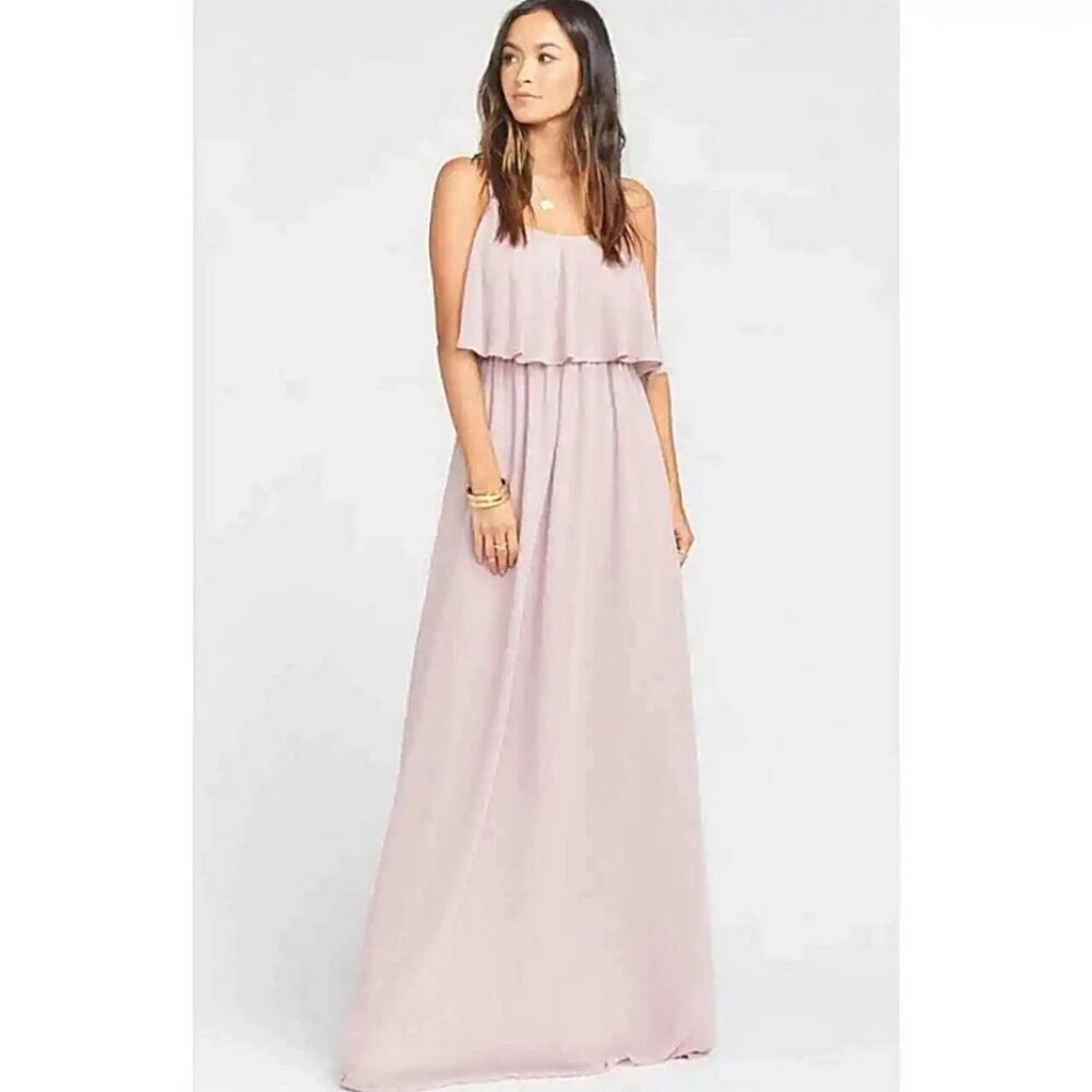 "NWT"Show Me Your Mumu Caitlin Ruffle Maxi Dress Neutral Mauve Womens Size Large